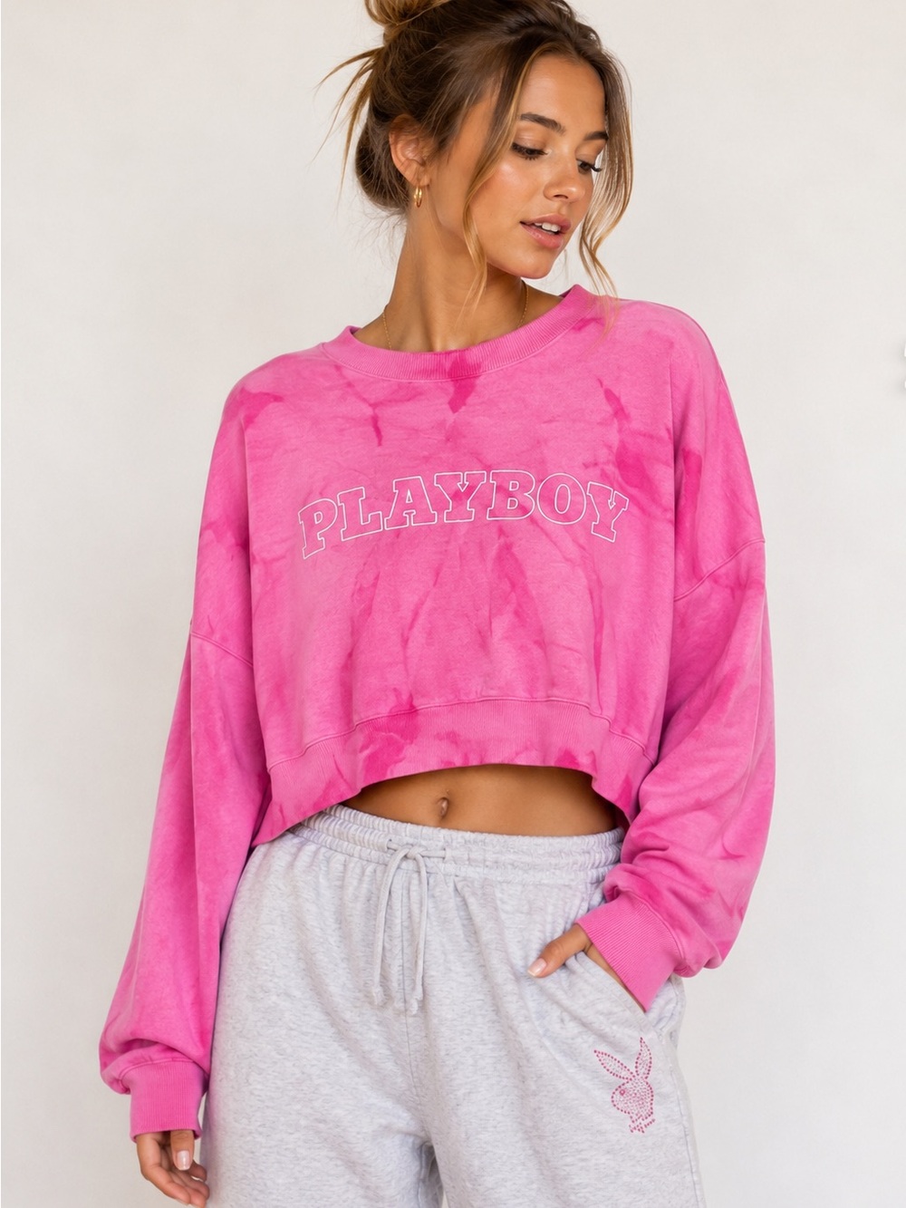 Playboy x PacSun Pink Tie Dye Cropped Sweatshirt Size Small Y2K Streetwear
